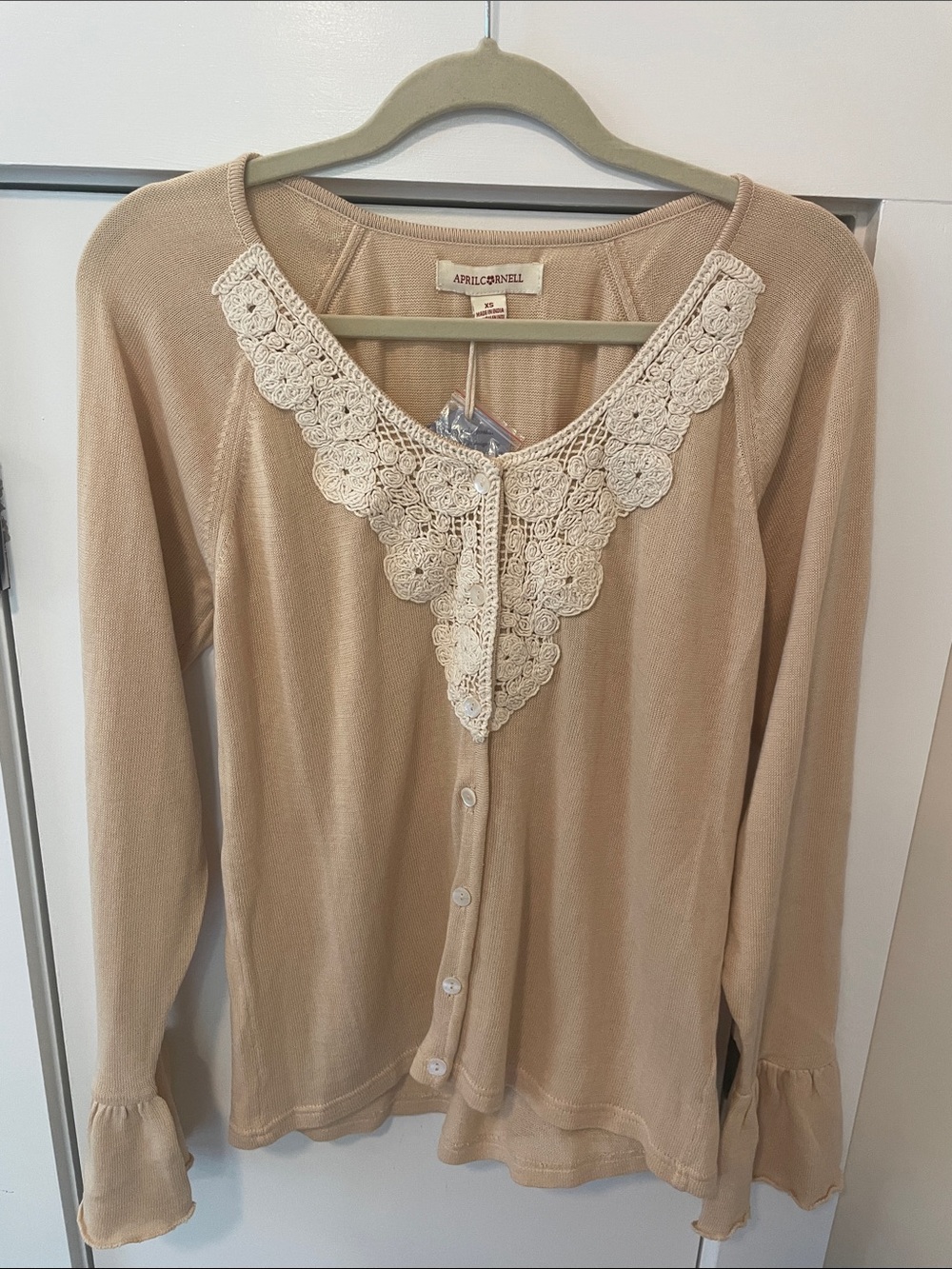 April Cornell Beige Cardigan with Cream Crochet V bell sleeves